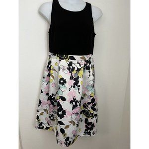 City Chic  Floral Dress XS Size 14 Satin Black White Fit and Flare Pockets Party
